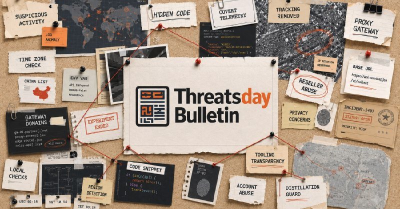 A corkboard displays a "Threatsday Bulletin" poster pinned centrally, surrounded by labeled notes on topics like "Proxy Gateway," "Tracking Removed," and "Reseller Abuse," connected by red string.
