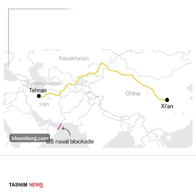 Bloomberg map graphic shows a yellow route connecting Tehran to Xi'an across Iran, Kazakhstan, Turkmenistan, and China, with a pink line labeled "US naval blockade" near the Persian Gulf, branded by Tasnim News.
