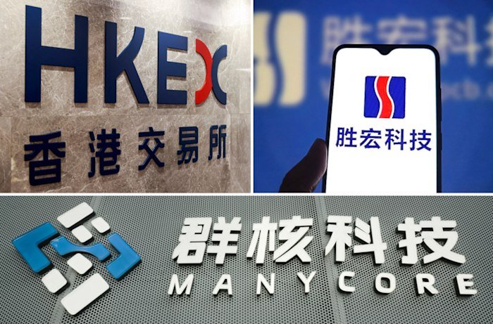 A split image displays three corporate logos: HKEX (香港交易所), 胜宏科技 on a smartphone screen, and 群核科技 (Manycore) signage.