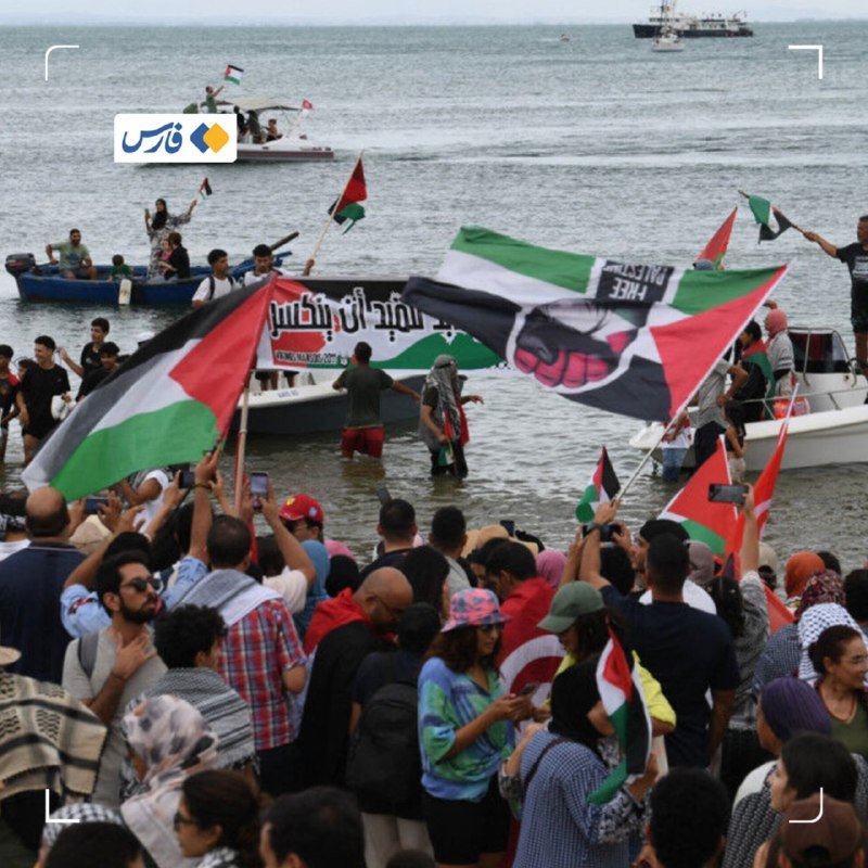 A crowd gathers along a shoreline waving red, white, green, and black flags while several small boats and a larger ship float offshore.