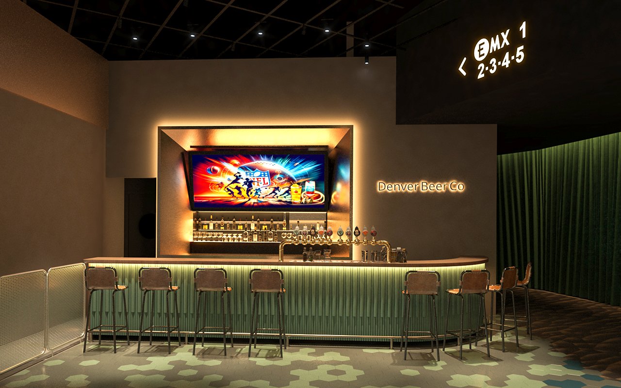 An illuminated bar labeled "Denver Beer Co" features beer taps, a colorful NFL display screen, green barstools, and a nearby digital sign reading "MX 1."