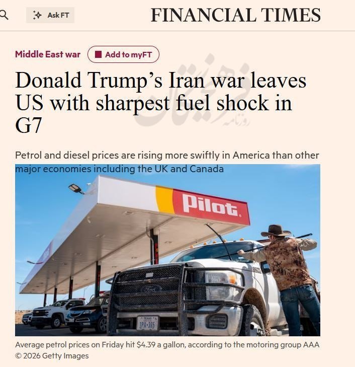 A man in a cowboy hat stands at a Pilot gas station pump next to a large pickup truck, with the Financial Times headline "Donald Trump's Iran war leaves US with sharpest fuel shock in G7" displayed above.