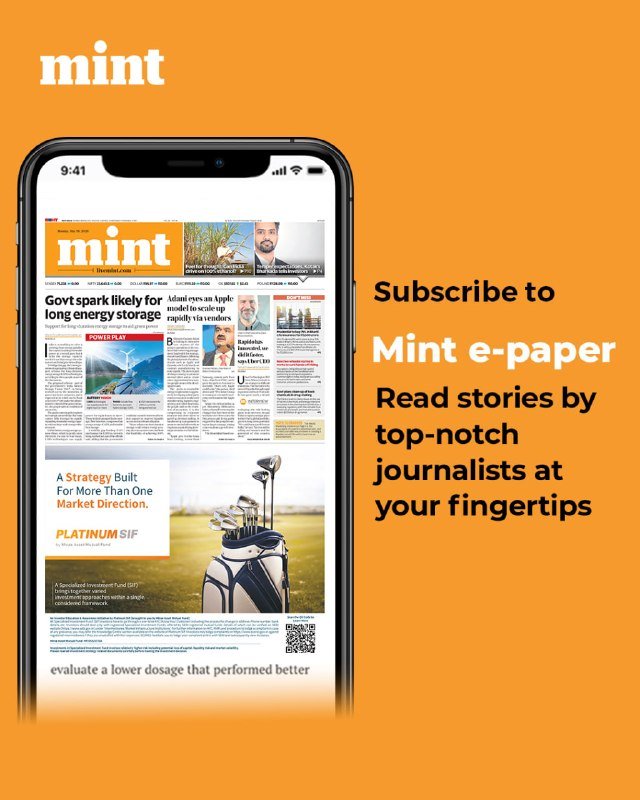 An orange promotional graphic displays the "mint" logo alongside a smartphone showing a digital newspaper page, with text reading "Subscribe to Mint e-paper."