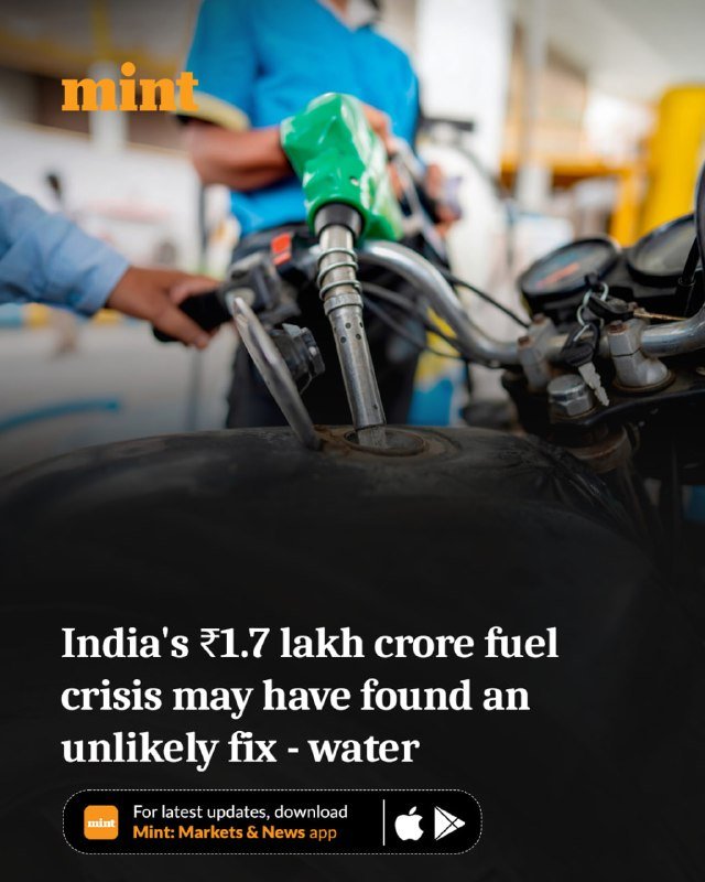 A worker in a blue shirt fuels a motorcycle's black tank with a green nozzle at a station, overlaid with the "mint" logo and a headline about India's fuel crisis.
