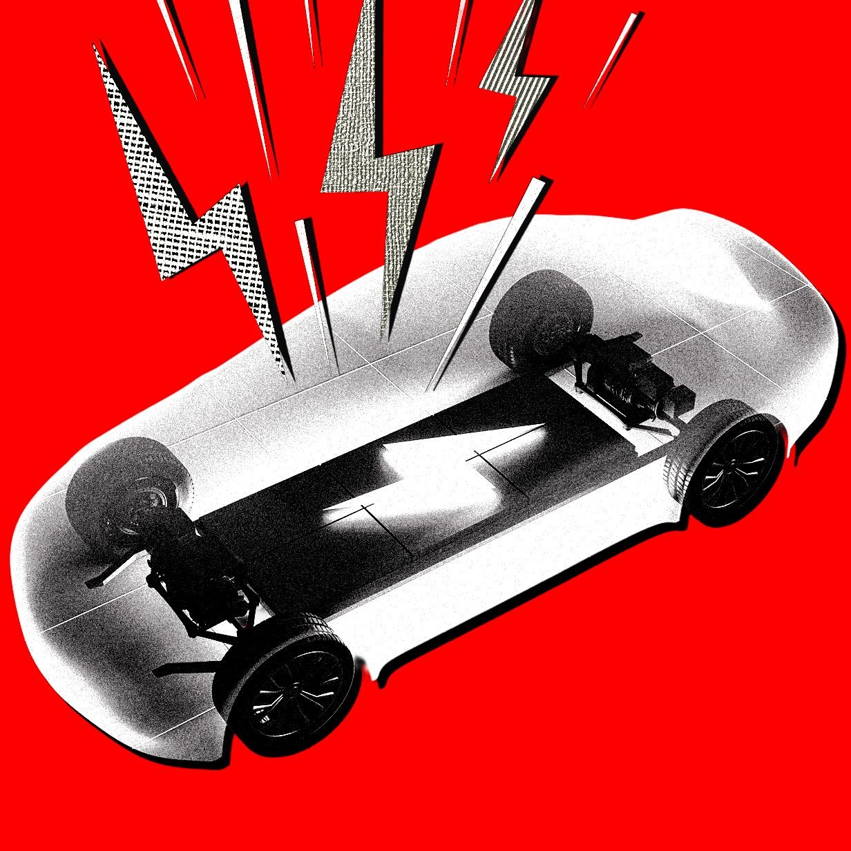 Illustration showing a black-and-white electric vehicle chassis with four wheels and battery pack, struck by stylized white lightning bolts against a solid red background.