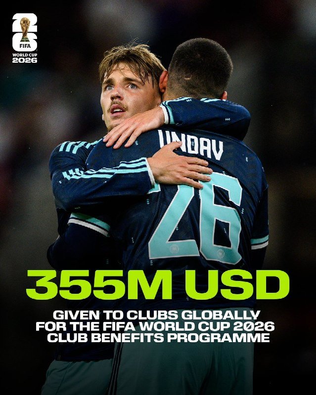 A graphic displays two soccer players in dark teal jerseys embracing, overlaid with the FIFA World Cup 2026 logo and text reading "355M USD given to clubs globally for the FIFA World Cup 2026 Club Benefits Programme."