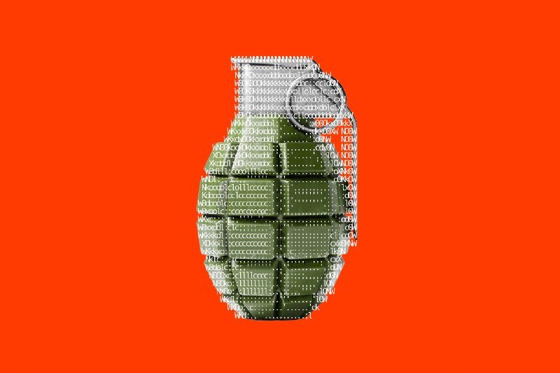A digital illustration shows a green hand grenade overlaid with white binary code against a solid orange background.