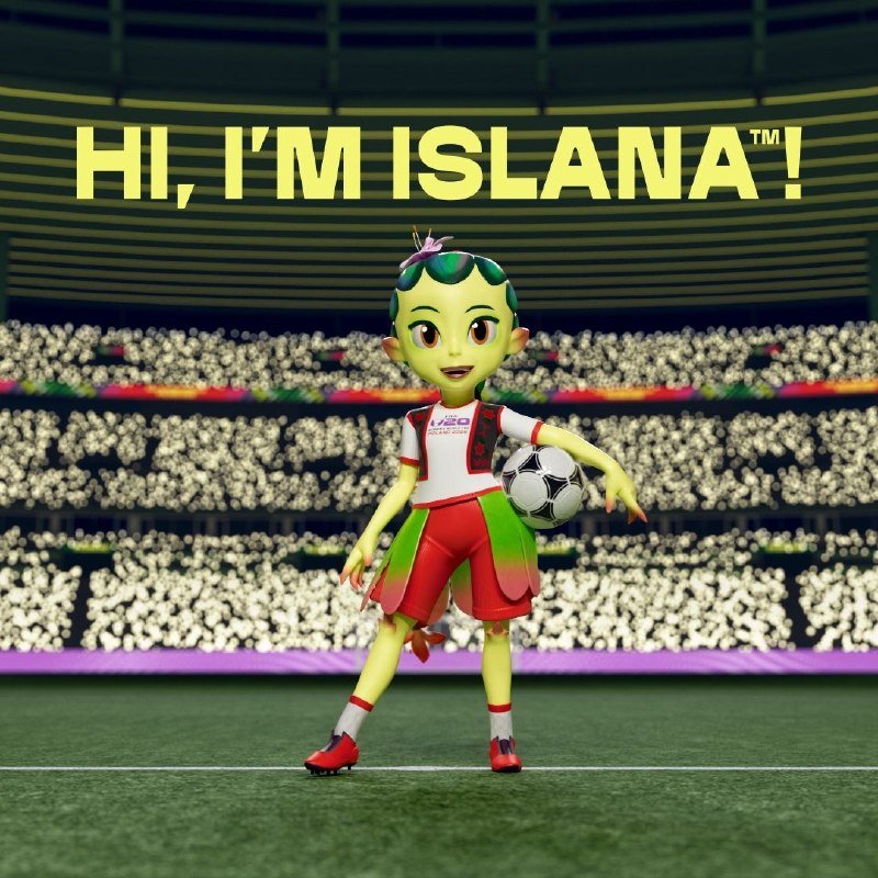 A digital illustration shows a green-skinned character in a red and white soccer uniform holding a ball on a stadium pitch, with "HI, I'M ISLANA!"™ displayed above.