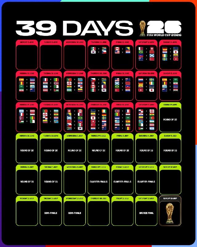 A "39 DAYS FIFA World Cup 2026" infographic calendar displays match pairings by date from June to July, culminating in a trophy image for the final on Sunday, 19 July.