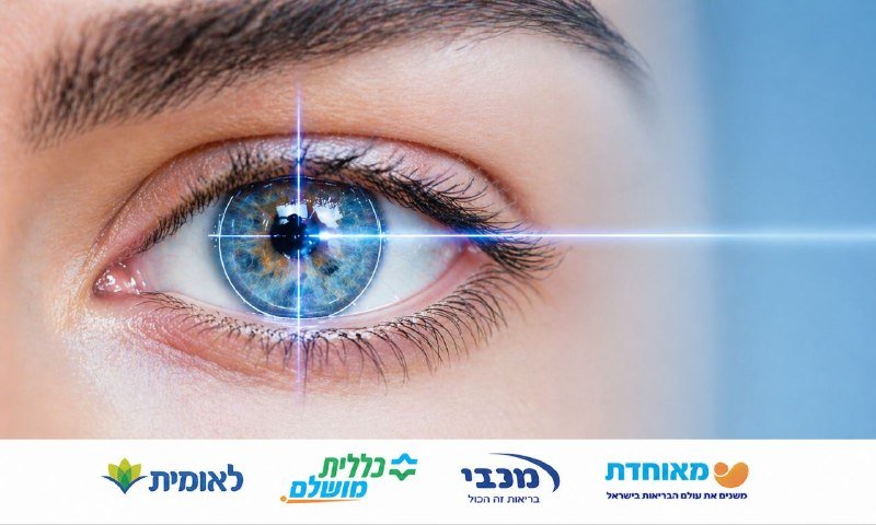 Close-up of a blue human eye with a crosshair graphic overlay, with four Hebrew logos displayed along the bottom of the image.