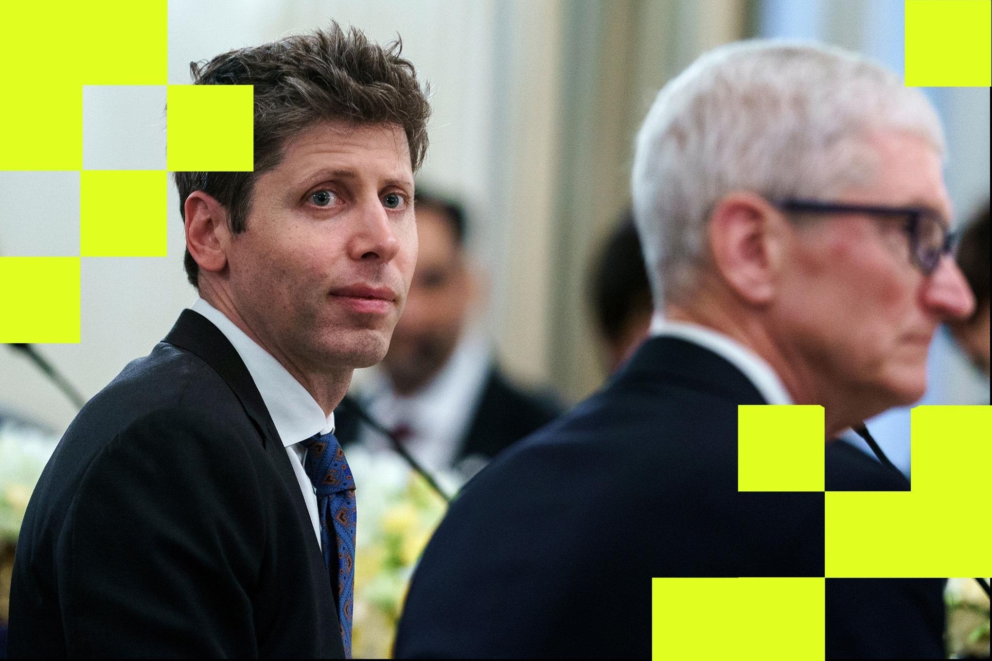 A man in a dark suit and patterned tie looks forward during a formal gathering, with yellow graphic overlays partially covering the image.