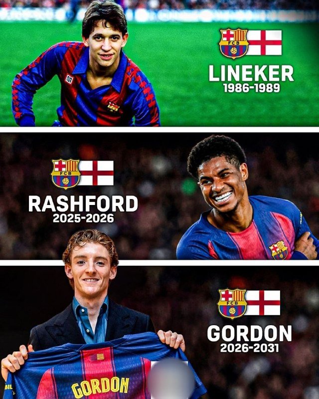 A graphic displays three panels featuring soccer players in FC Barcelona jerseys alongside the club crest, labeled "LINEKER 1986-1989," "RASHFORD 2025-2026," and "GORDON 2026-2031."