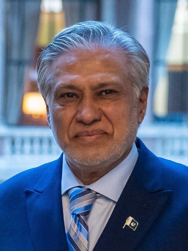 A gray-haired man wearing a blue suit, white shirt, and striped tie with a Pakistan flag lapel pin poses for a portrait.