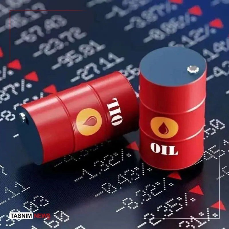 Two red toy oil barrels labeled "OIL" sit atop a digital stock ticker display showing numbers and red downward arrows, with a "TASNIM NEWS" watermark visible.
