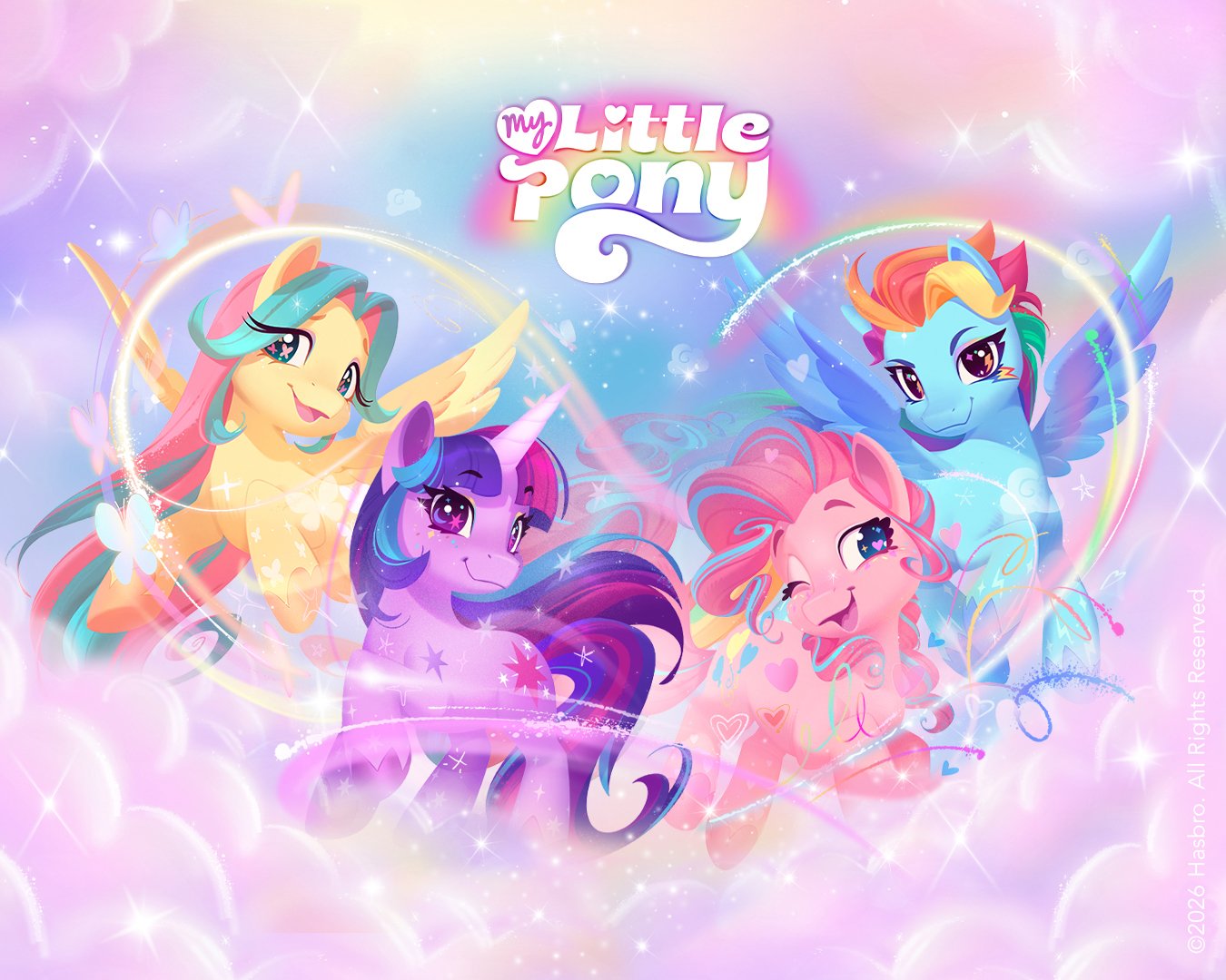 Promotional illustration featuring four colorful animated ponies and the "My Little Pony" logo set against a pastel rainbow sky with sparkles and hearts.