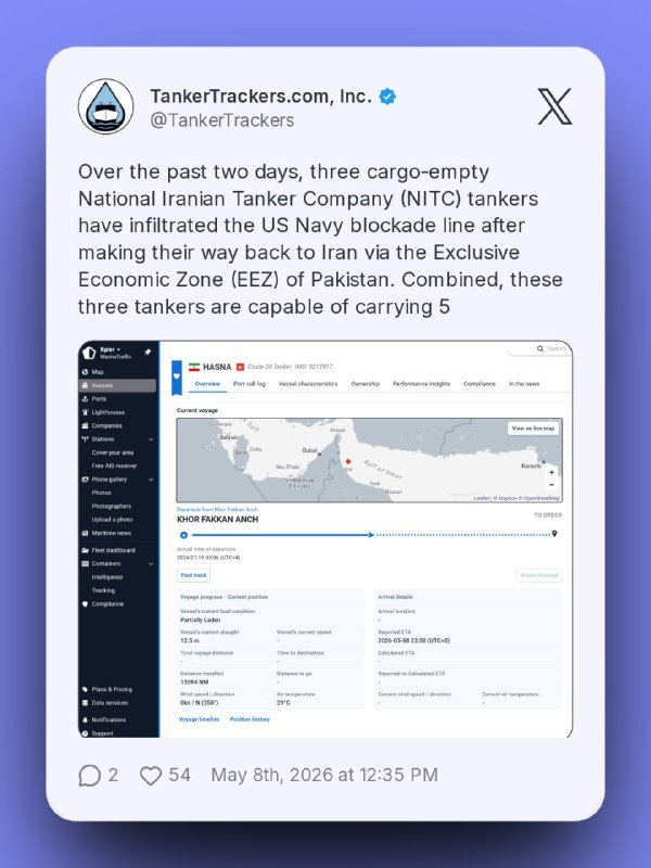 A TankerTrackers.com X post from May 8, 2026, displays a text claim about NITC tankers and a ship-tracking screenshot showing the vessel "HASNA" at Khor Fakkan anchorage.