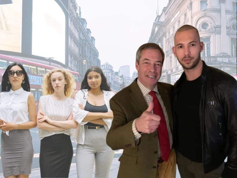 Five people pose in front of a backdrop displaying a London street scene featuring a red double-decker bus and historic buildings.
