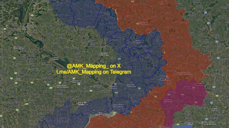 A satellite map of eastern Ukraine shows blue, orange, and purple shaded territorial zones with yellow text reading "@AMK_Mapping_ on X" and "t.me/AMK_Mapping on Telegram."