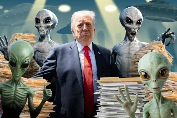 A digitally created illustration shows a man in a suit and red tie surrounded by gray and green alien figures amid stacks of paperwork, with UFOs overhead.