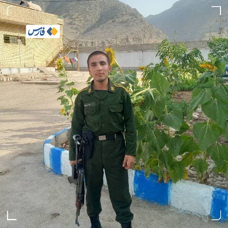 A young man in a green military uniform stands holding a rifle beside sunflowers, with a brick building and mountains visible in the background.