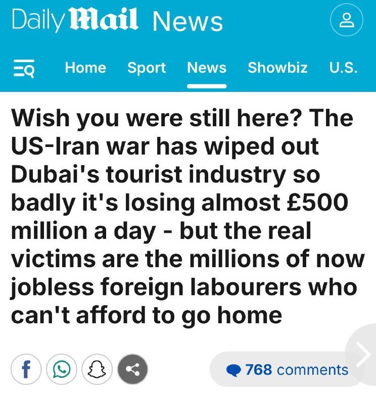 A Daily Mail News app screenshot displays a headline about Dubai's tourism industry losing nearly £500 million daily due to the US-Iran war, with 768 comments below.