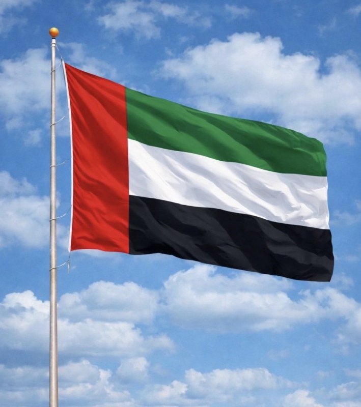 The flag of the United Arab Emirates waves from a flagpole against a blue sky with scattered white clouds.