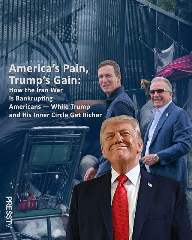 A graphic illustration shows three men in suits smiling in front of a chain-link fence with an American flag, overlaid with the text "America's Pain, Trump's Gain: How the Iran War is Bankrupting Americans — While Trump and His Inner Circle Get Richer."