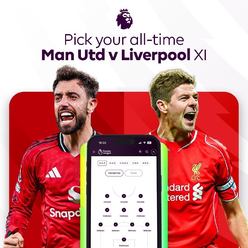 A promotional graphic featuring the Premier League logo reads "Pick your all-time Man Utd v Liverpool XI," showing two celebrating players in red kits beside a smartphone displaying a football lineup formation interface.