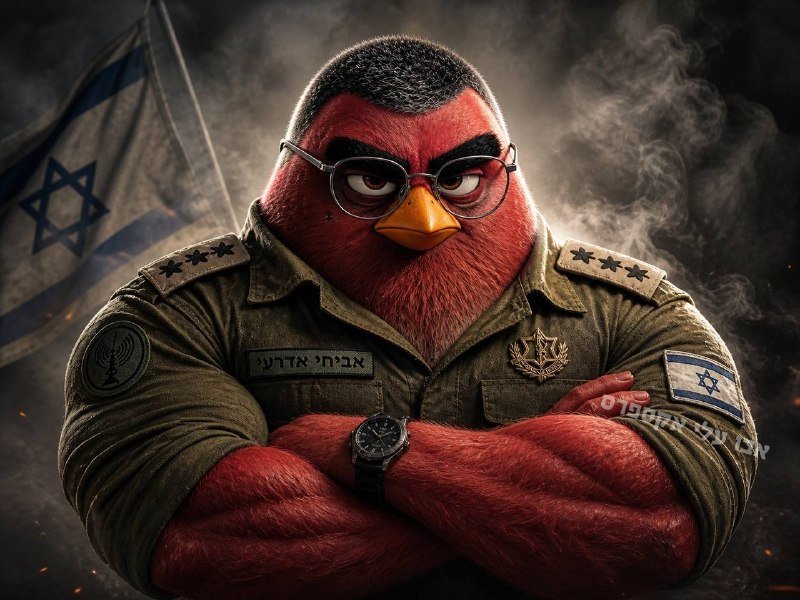 A digital illustration depicts a red bird character with glasses, wearing an olive military uniform with star insignias and an Israeli flag patch, standing with arms crossed beside an Israeli flag.