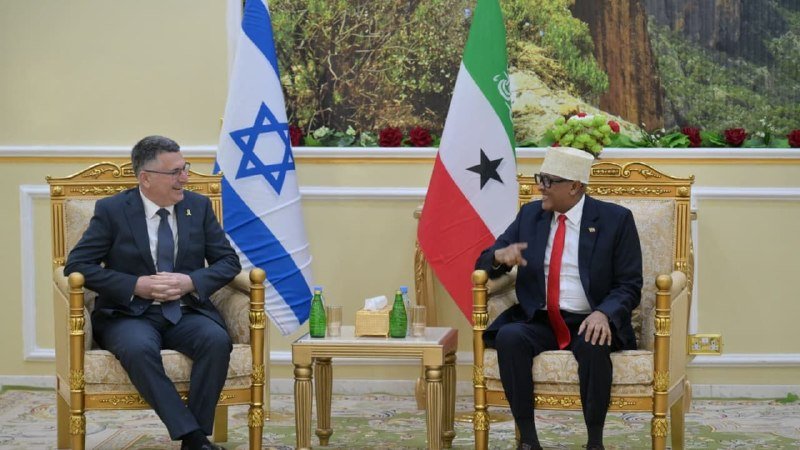 Two men in suits sit facing each other in ornate chairs, with Israeli and Somaliland flags displayed behind them and a small table holding water bottles between them.