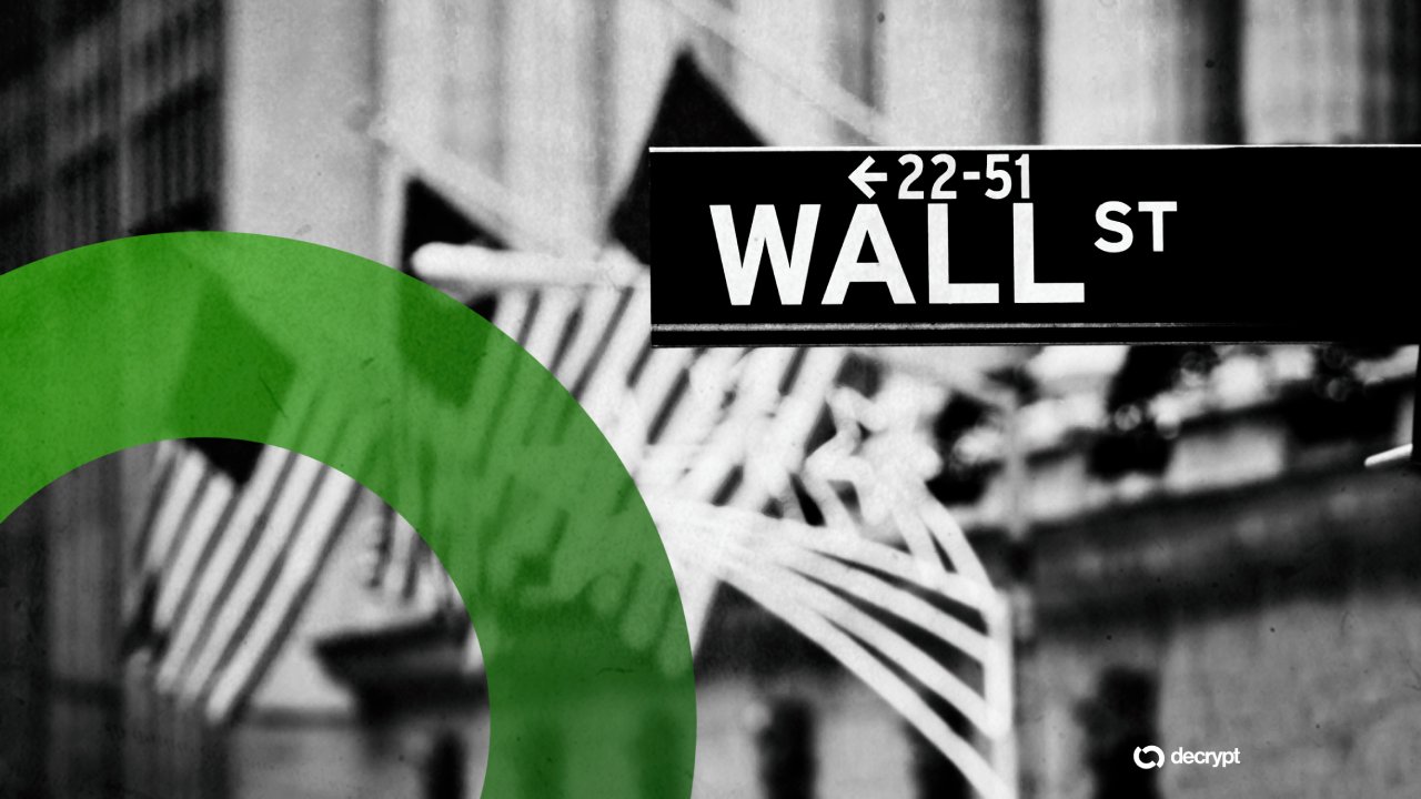 A black-and-white image shows a Wall Street sign reading "WALL ST" with directional arrows, layered over a green circular graphic and the "decrypt" logo.