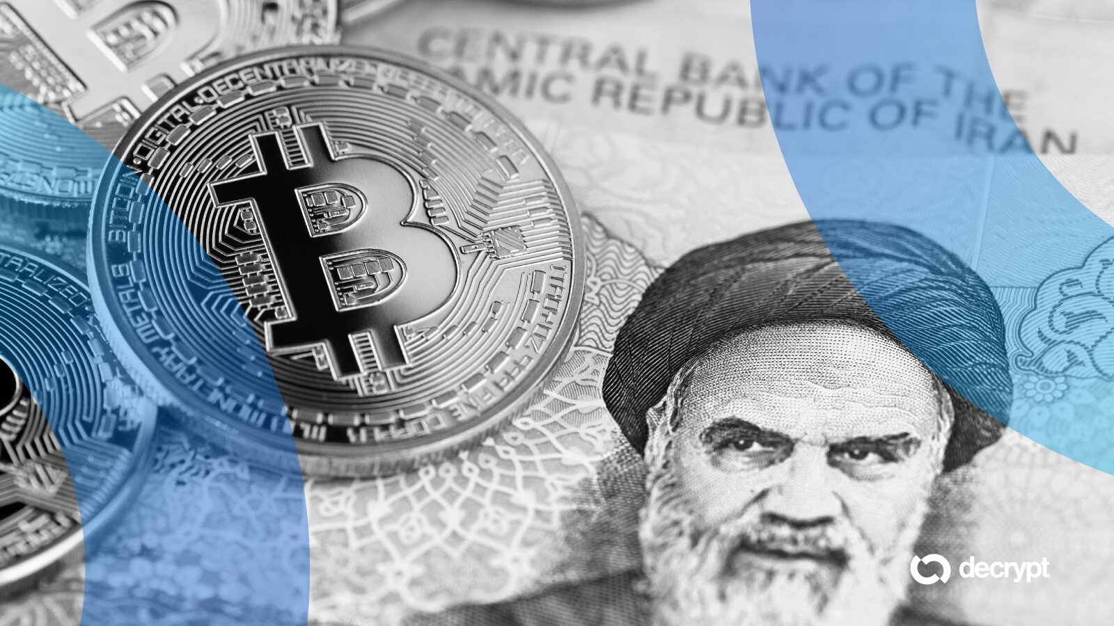 Silver Bitcoin tokens rest atop an Iranian banknote labeled "Central Bank of the Islamic Republic of Iran," featuring a portrait of a bearded man in traditional headwear, with blue graphic overlays and a "decrypt" logo.
