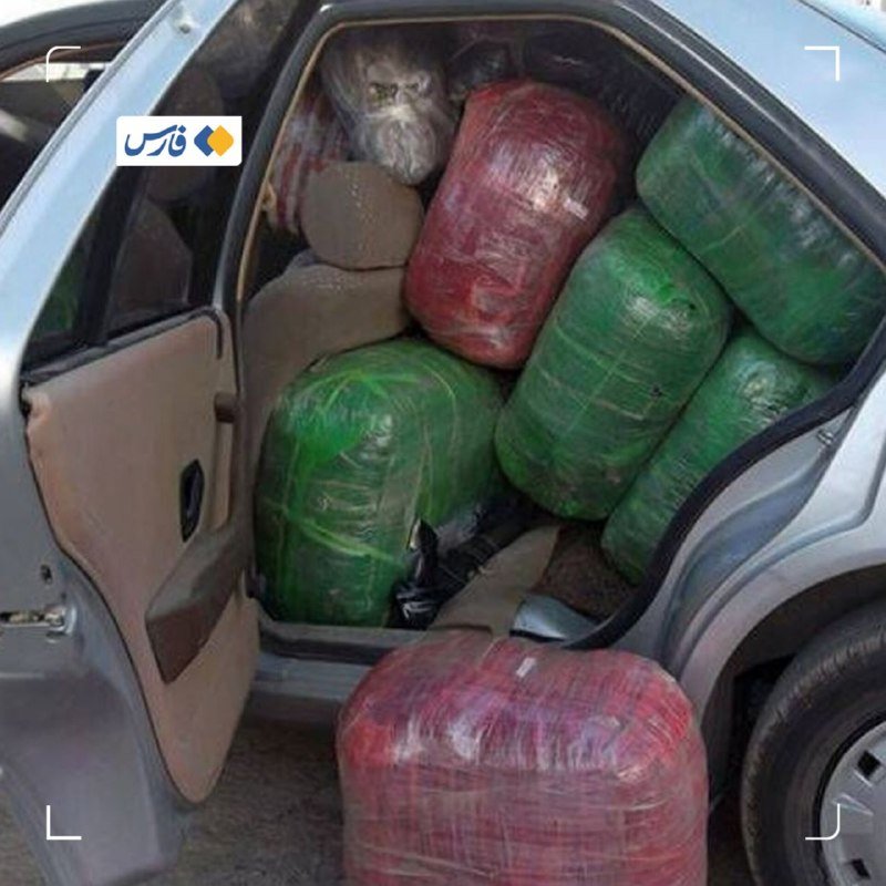 Multiple large, plastic-wrapped bundles in green, red, and purple are stacked inside the open rear door of a silver car, with one bundle on the ground.