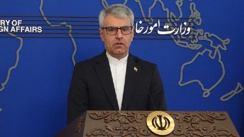 A gray-haired man in a dark suit stands at an ornate podium bearing an emblem, speaking before a blue backdrop displaying a world map and partial text reading "MINISTRY OF FOREIGN AFFAIRS."