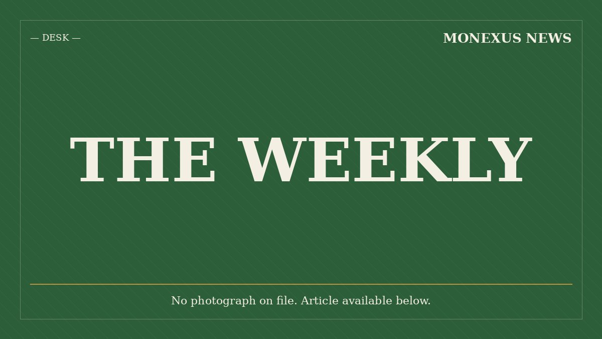 A green graphic displays "MONEXUS NEWS" at the top right, "DESK" at the top left, and large centered text reading "THE WEEKLY," with a note stating "No photograph on file."