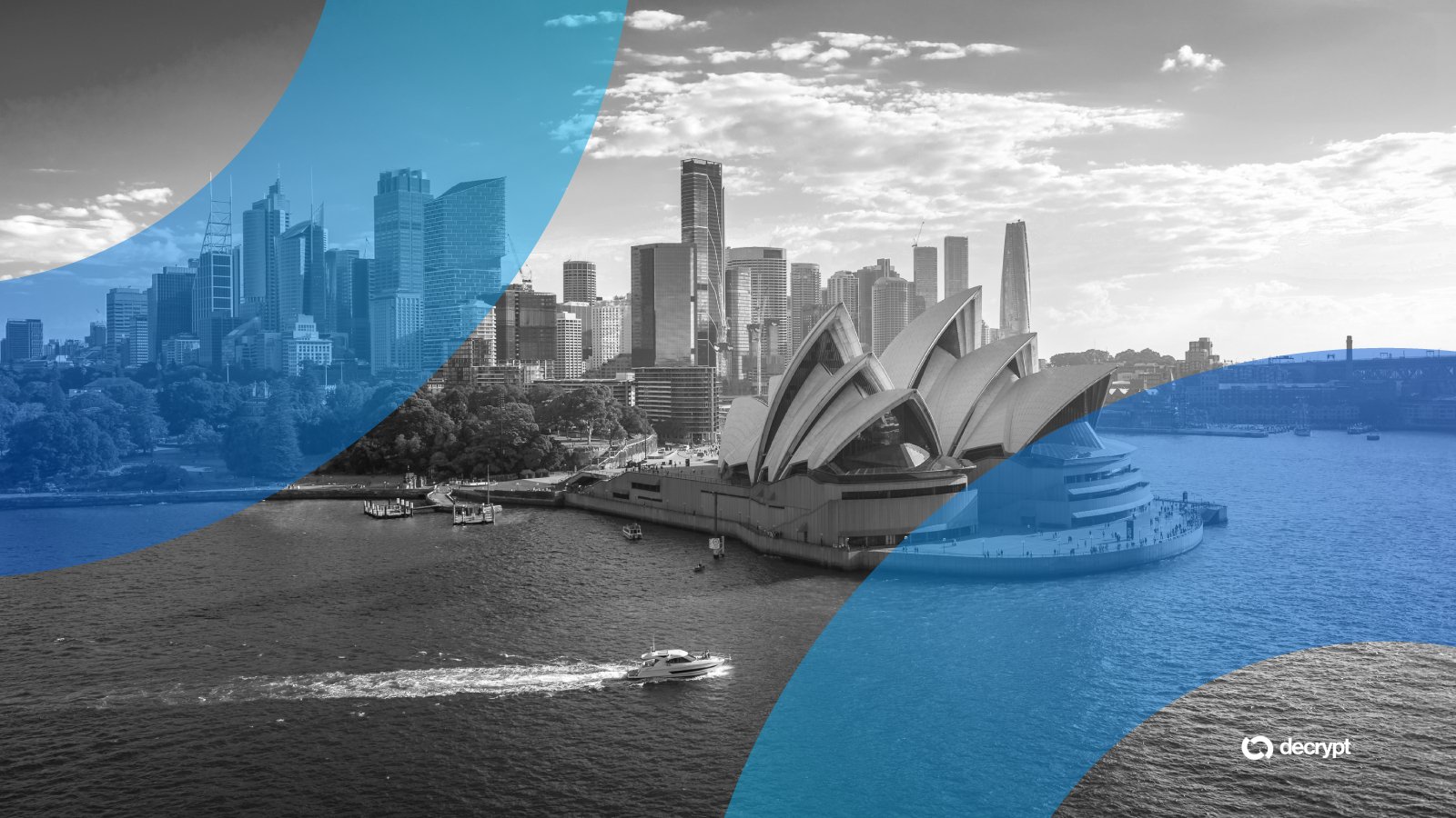 A graphic illustration shows a black-and-white image of a harbor city skyline featuring the Sydney Opera House, overlaid with curved blue shapes and a "decrypt" logo.