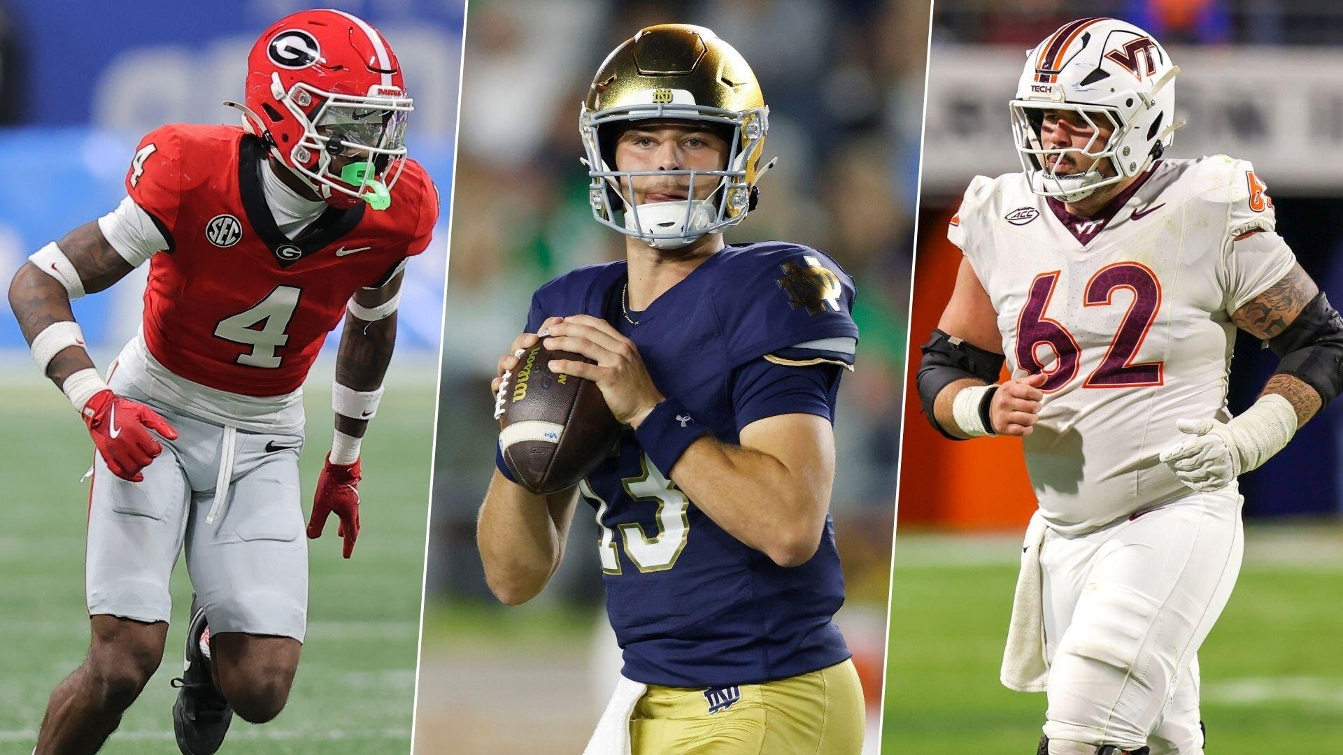 A split image shows three football players: a Georgia receiver in a red #4 jersey running, a Notre Dame quarterback in a navy #13 jersey holding a football, and a Virginia Tech lineman in a white #62 jersey.
