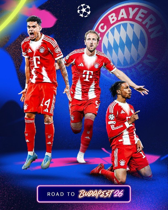 Digital graphic showing three FC Bayern Munich players in red-and-white kits celebrating, with the club crest, a Champions League logo, and "Road to Budapest '26" text.