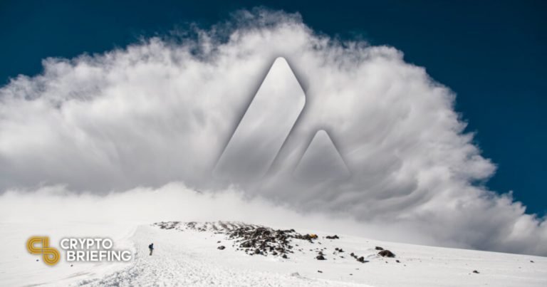 A graphic illustration shows a large white Avalanche logo superimposed on a towering cloud formation above a snowy mountainside with a tiny climber.