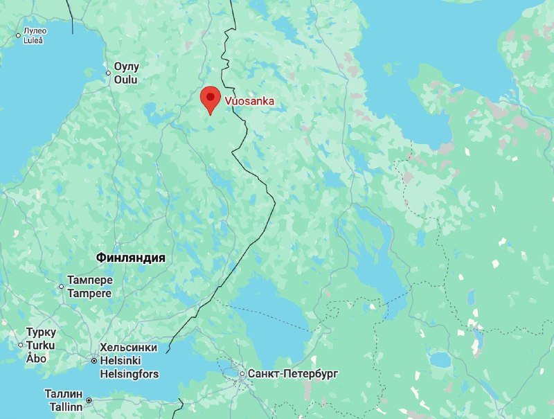 A digital map pinpoints Vuosanka in northern Finland, with nearby labeled cities including Oulu, Helsinki, and Saint Petersburg visible across the regional terrain.
