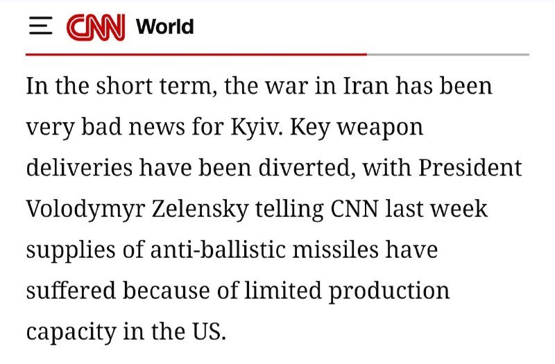 CNN World article text stating that the war in Iran has diverted key weapon deliveries to Kyiv, with Zelensky noting limited US anti-ballistic missile production.