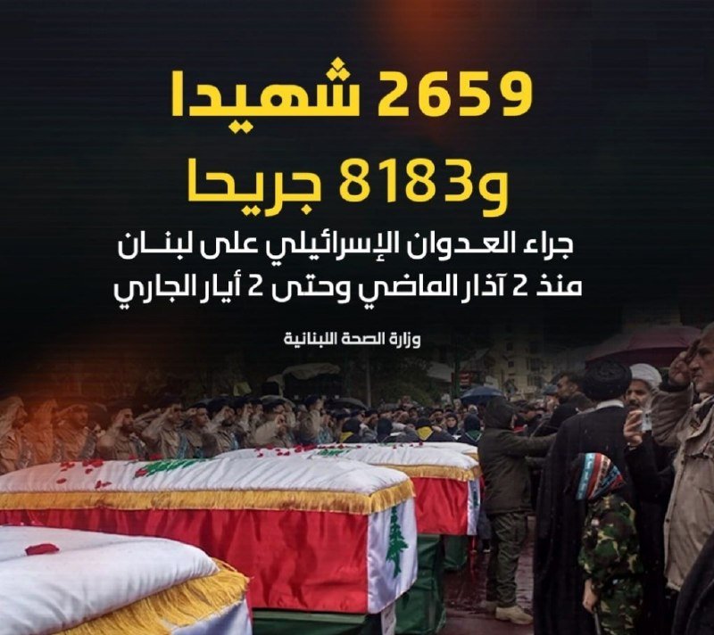 A graphic displays Arabic text with yellow and white lettering over a photograph of flag-draped coffins surrounded by a crowd of mourners.