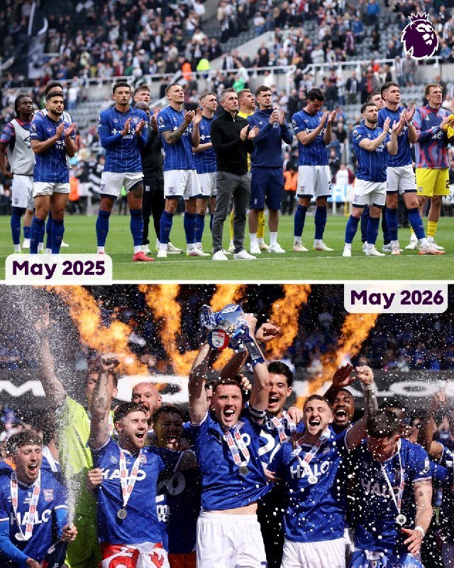 A split graphic shows a football team in blue jerseys standing applauding on a pitch in "May 2025," and below, players in blue jerseys lifting a trophy amid flames and confetti in "May 2026."