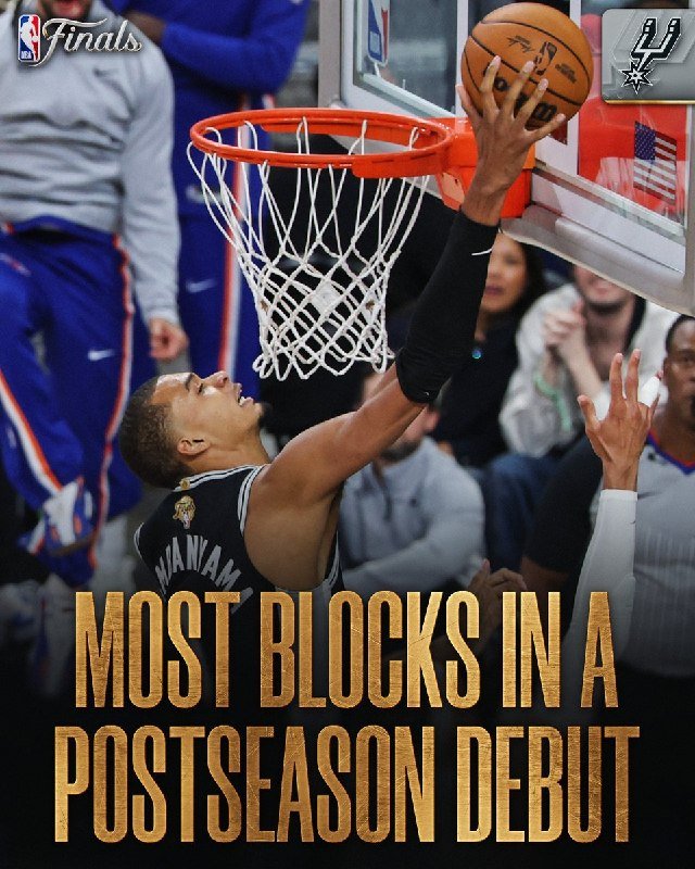 A graphic featuring a Spurs player blocking a shot at the rim, with "MOST BLOCKS IN A POSTSEASON DEBUT" and an "NBA Finals" logo displayed.