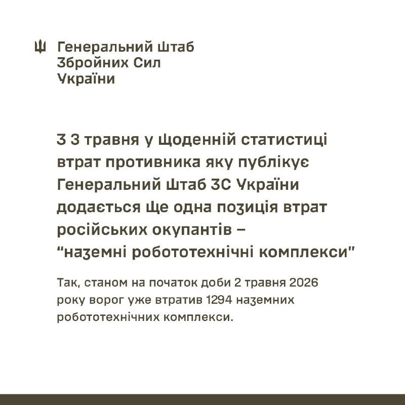 A Ukrainian-language social media graphic from the General Staff of the Armed Forces of Ukraine announces the addition of "ground robotic complexes" to daily enemy loss statistics, citing 1,294 losses as of May 2, 2026.