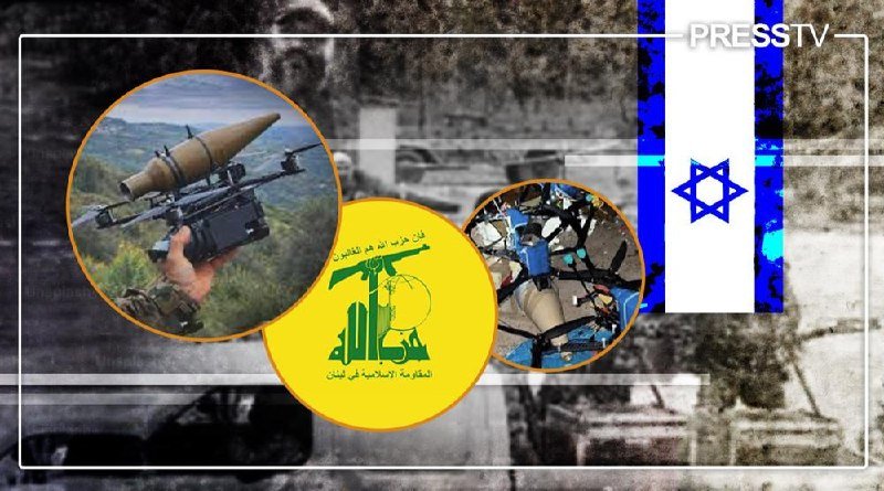 Graphic illustration with "PRESS TV" text, an Israeli flag, and circular insets showing a handheld rocket launcher, a Hezbollah emblem with Arabic script, and drone components.