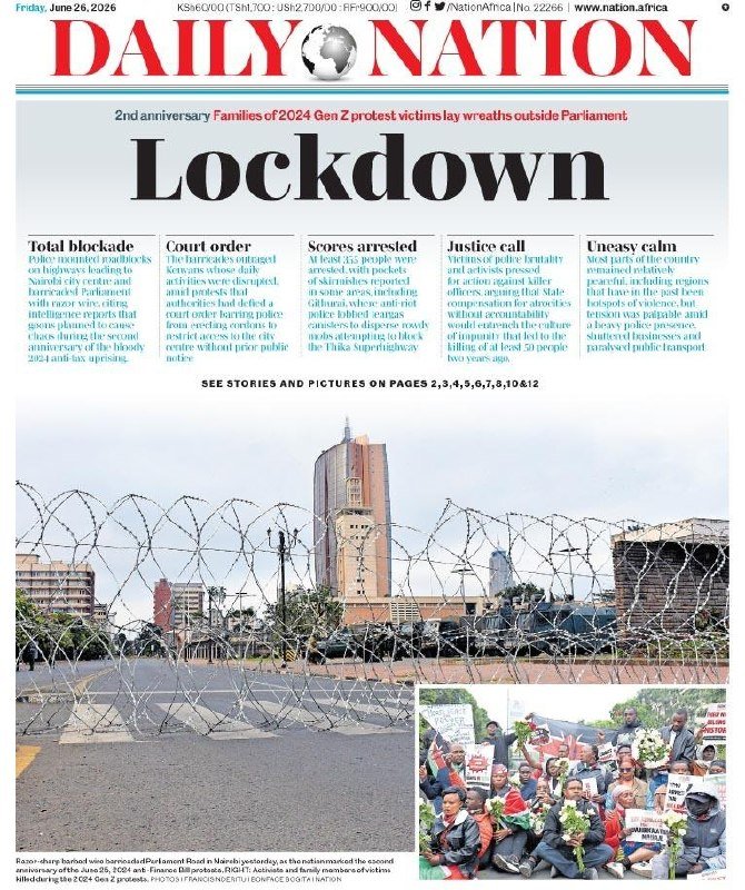 Newspaper front page headline "Lockdown" with images of a city behind barbed wire and protesters holding placards and flowers.