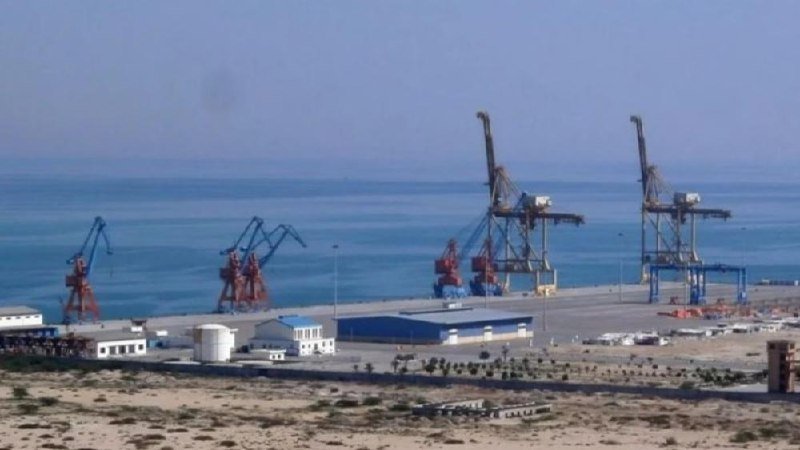 Coastal industrial port featuring tall blue and red shipping cranes along a waterfront warehouse facility beside a calm ocean.