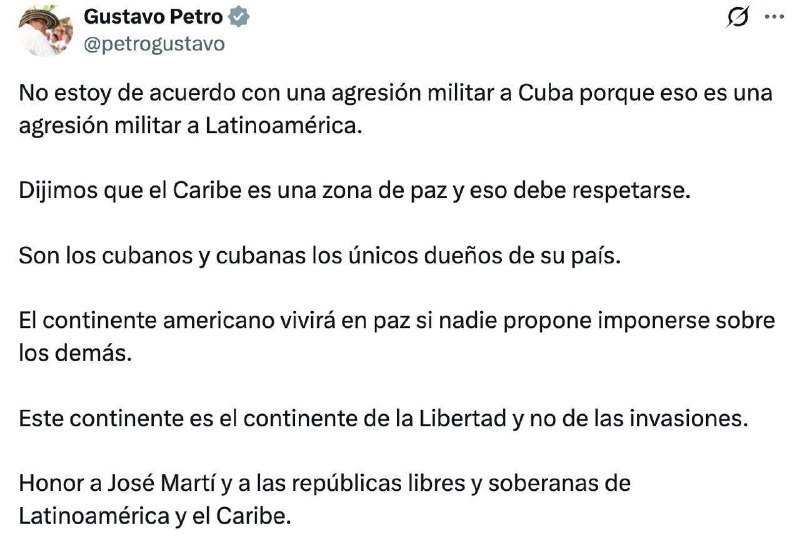 A tweet from verified account "Gustavo Petro" (@petrogustavo) posted in Spanish opposing a military aggression against Cuba.