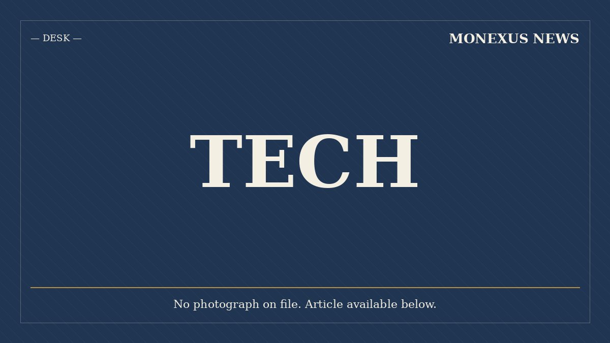 A blue graphic placeholder card displays "MONEXUS NEWS" in the top right, "DESK" in the top left, the word "TECH" centered, and a note reading "No photograph on file. Article available below."